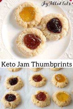 keto jam thumbprints on a white plate next to cookies and jelly filled bites