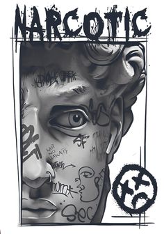 a black and white drawing of a man's face with the word narcotic on it