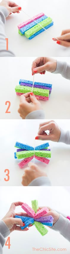 the instructions for how to make an origami bow with colored yarn and plastic straws