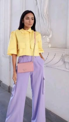 Lime And Orange Outfit, Neutral Color Block Outfit, Pastel Colors Fashion Aesthetic, Pastel Chic Outfit, Chic Pastel Outfit, Pastel Office Outfit, Colorful Classy Outfits, Colourful Work Outfit, Purple Yellow Outfit