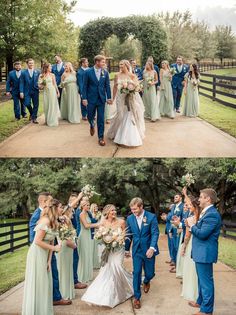 the bride and grooms are walking together in front of their guests at this outdoor wedding