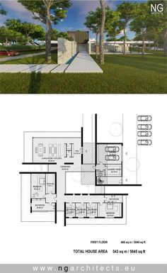 the floor plan for this modern house is shown in two separate sections, with one bedroom and