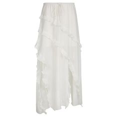 Lasaky - Solid Color Low Waist Drawstring Side-Slit Ruffled Hem Flowy Midi Skirt White Beach Skirt, Long Ruffle Skirt, Lightweight Maxi Skirt, Wraparound Skirt, Midi Skirts Summer, Long Flowy Skirt, Asymmetrical Midi Skirt, Skirt Beach, White Long Skirt