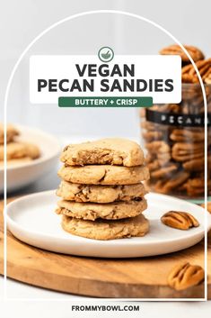 vegan pecan sandwiches on a white plate with the title overlay reads, vegan pecan sandwiches buttery and crisp