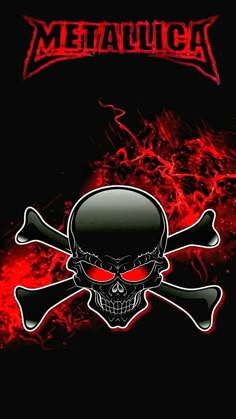 a skull and crossbones with red flames in the background