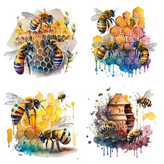 bees and honeycombs painted in watercolor