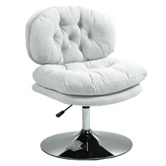 an upholstered white office chair with chrome base and footrests is shown in front of a white background