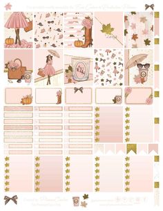 the pink and gold planner stickers are arranged on top of each other, including an umbrella