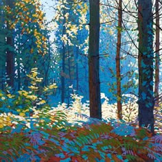 an oil painting of trees and grass in the woods with blue sky behind them,