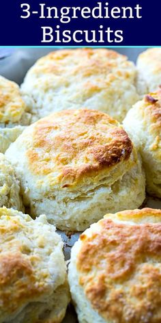 three ingredient biscuits on a baking sheet with text overlay that reads 3 - ingredient biscuits