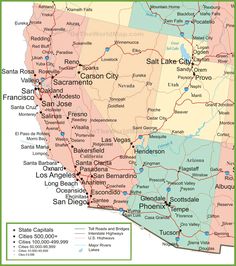 a map of the state of california with cities and major roads in red, green