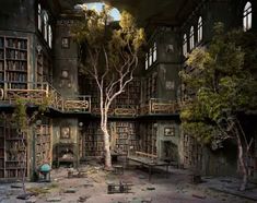 an abandoned library with bookshelves and trees