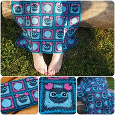 four photos of someone's feet with crochet patterns on them