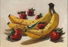 a painting of strawberries and bananas on a white surface