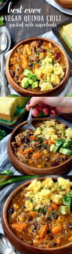 three pictures showing different types of food in bowls