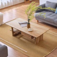 a living room with two couches, a coffee table and a rug on the floor