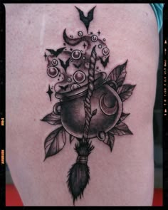 witch tattoo with cauldron and magic broom Tattoos You Can Add On To, Large Halloween Tattoo, Cauldron And Broom Tattoo, Cauldron Tattoo Designs, Witches Cauldron Tattoo, Witchy Back Tattoo Ideas, Witchy Vibes Tattoo, Caldron Tattoos, Witchy Broom Tattoo