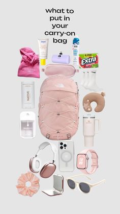 the contents of a pink backpack are laid out on a gray background with text that reads, what to put in a carry - on bag