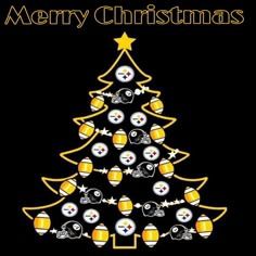 a christmas tree decorated with footballs and other sports related items in gold on black