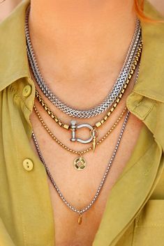 artizan jewelry stylish equestrian herradura burst layered necklace set silver gold Gold And Silver Necklaces Layered, Necklace Stack Mixed Metals, Mixed Metal Jewelry Layering, 3 Chain Necklace, Colour Analysis, Layered Necklaces Silver, Stacked Necklaces, Mixed Metal Jewelry, Layered Necklace Set