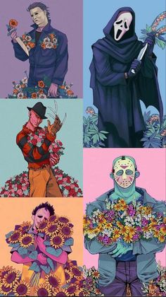 four different colored pictures of people with flowers in their hands and one has a mask on his face