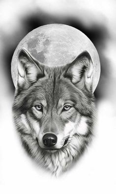 a drawing of a wolf with the moon in the background