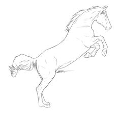 a horse is jumping in the air with its front legs spread out and it's tail