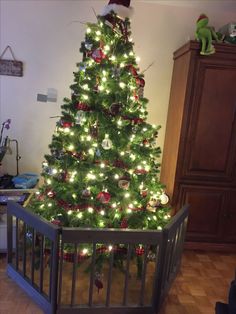 a christmas tree is lit up in the living room, with lights on and around it