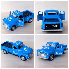 four different pictures of a blue toy truck