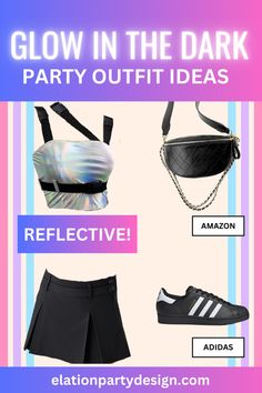 an advertisement for glow in the dark party outfit ideas, including skirts and bras