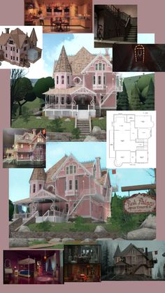 the pink house is surrounded by lots of different architectural styles and colors, including stairs