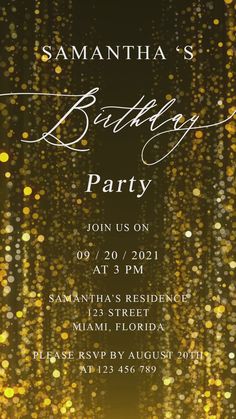 an elegant birthday party with gold glitters on the dark background and black text that reads,