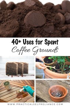 coffee grounds with text overlay that reads 40 uses for spent coffee grounds