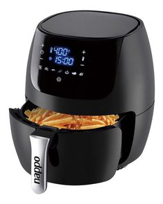 an air fryer with french fries in it and the timer on top is open