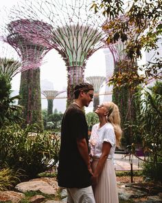 a man and woman standing next to each other in front of trees with purple flowers