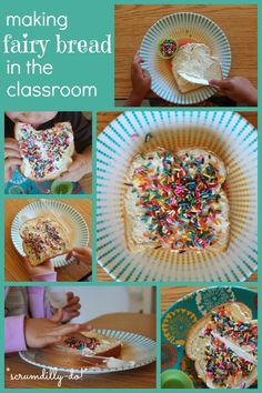 making fairy bread in the classroom with sprinkles and frosting on it