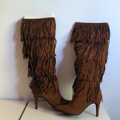 Brown Suede Fringe Boots With An Inside Zipper And A 3" Heel. Brown Suede Heeled Boots For Party, Brown Suede Party Boots, Brown Suede Boots For Party, Party Suede Brown Boots, Heels Boots Outfit, Patchwork Boots, Suede Fringe Boots, Boots Ideas, Fringe Heels