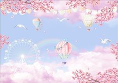 the sky is filled with pink flowers and hot air balloons