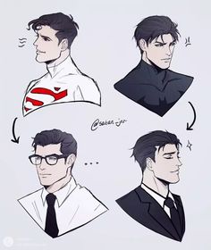 three different angles of a man's face with glasses and a superman suit on