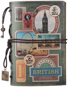 an old book with stamps on it and a leather strap around the cover is shown