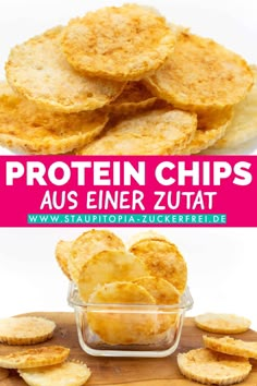 potato chips in a glass dish with the words protein chips aus ener zut