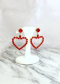 "Heart Earrings, Red Chandelier Earrings, Valentines Day Jewelry, Red Heart Drop Earrings, Statement Crystal Earrings, Red Ruby Long Earrings One of our best selling bridal earrings and a stunning earring for a party or a formal black tie The Swarovski Crystal Heart Earrings are securely set in prongs. 2.4\" in length, 1.7\" across at the widest point, friction back posts, gold or silver plated. Usually ships out in 2-3 business days Colors - Ruby Red ♥ Chose Your Plating Finish At The Checkout Red Jewelry For Valentine's Day Party, Red Valentine's Party Jewelry, Red Drop Earrings For Valentine's Day, Red Dangle Crystal Earrings For Anniversary, Red Valentine's Day Festive Earrings, Heart Charm Drop Earrings For Party, Red Heart Beads Dangle Earrings, Heart Bead Drop Earrings For Party, Heart Cut Earrings With Heart Charm For Party