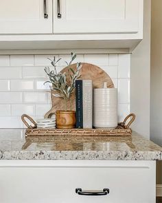 the kitchen counter is clean and ready to be used as a place for some books