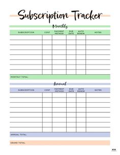 a printable subscripion tracker is shown in this image