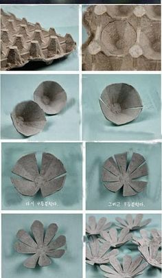 the steps to make an egg carton are shown in several different ways, including paper flowers