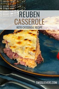 reuben casserole on a blue plate with a red pepper