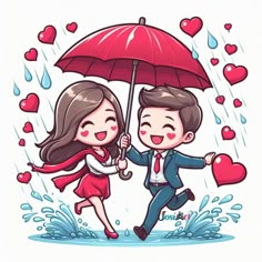 a man and woman holding an umbrella in the rain with hearts floating all around them