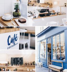 the inside of a coffee shop with blue walls and white chairs in front of it