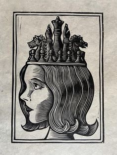 a black and white drawing of a woman's head with chess pieces on it