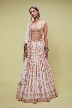 Varun Bahl | Light Pink Corsage Lehenga Gilet Set | INDIASPOPUP.COM Engagement Notes, Papa Don't Preach, Bridal Jumpsuit, Embroidered Belt, Indian Wedding Outfits